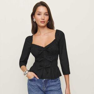 Reformation Black Ruffle Bow Peplum Blouse